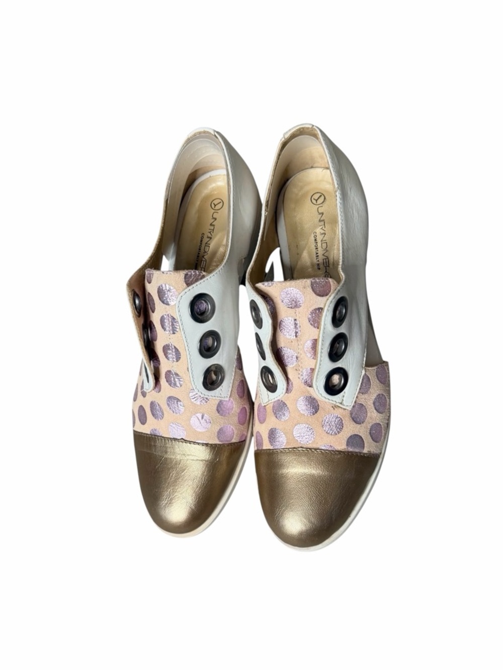 UNITY IN DIVERSITY Woman’s Gold & Pink Polka Dot Preppy Slip-On Loafers Size 40